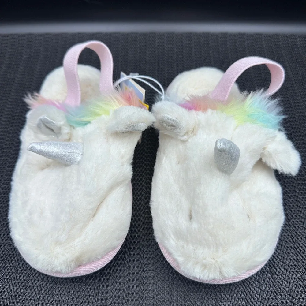 Cat & Jack Toddler Unicorn Slippers Cream Rainbow Faux Fur Size XL 11-12 NEW